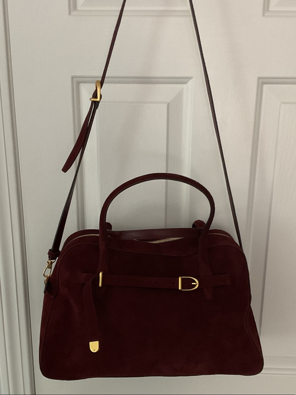 Structured Suede Satchel in Deep Burgundy with Gold Accents